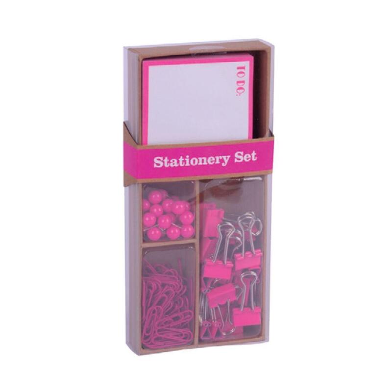 Apli Fluor Collection Set De Oficina Rosa - 25 Pins, 80 Clips De 28mm, 20 Pinzas Abatibles De 19mm, Notas Adhesivas De 100 Hojas En Rosa Fluor - Diseño Moderno Y Llamativo