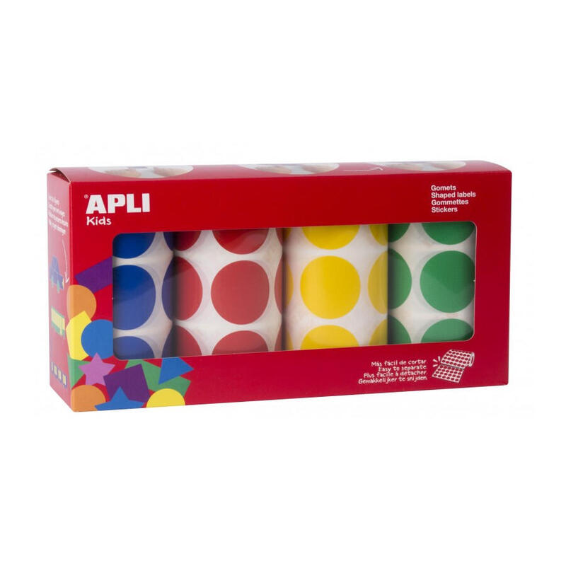 Apli Gomets Redondos Ø 33mm - Pack De 4 Rollos Con 2832 Gomets - Adhesivo Permanente - Ideal Para Desarrollar Habilidades En Guarderias