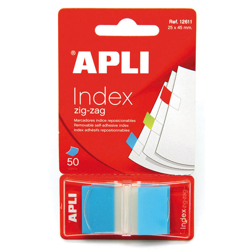 Apli Indices Adhesivos Film Zigzag 45x25mm Dispensador De 50 - Faciles De Aplicar - Diseño Zigzag - Adhesivo De Calidad - Azul