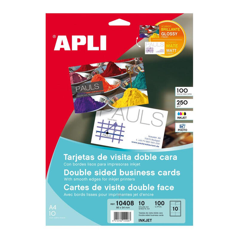 Apli Tarjetas Visita Doble Cara Blanco Para Inkjet, Láser Y Fotocopiadoras / 210 X 297mm / Microperforado 250gr 10 Hojas
