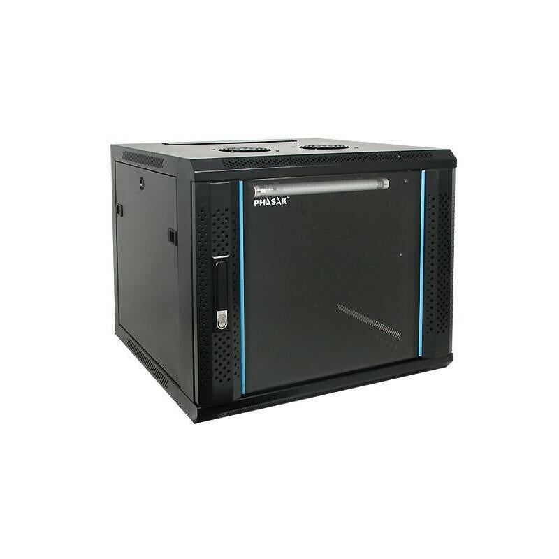 Armario Rack Mural 19" Phasak 18u   600x600 Negro + Ventilacion/Luz Azul