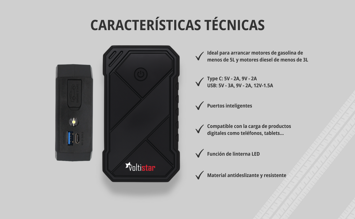 Arrancador De Coche 8000Mah Inteligente Hasta 5L Gasolina Y 3L Diesel