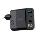 Astrum Watz 65g Negro Adaptador De Corriente Con Pantalla Led Integrada 65w 1 Puerto Usb-A Y 2 Puertos Usb-C