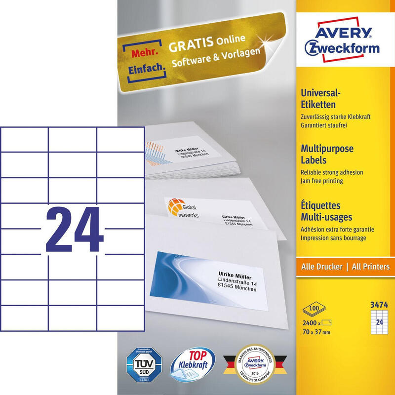 Avery 3474 Etiqueta Autoadhesiva Rectángulo Permanente Blanco 2400 Pieza(S)