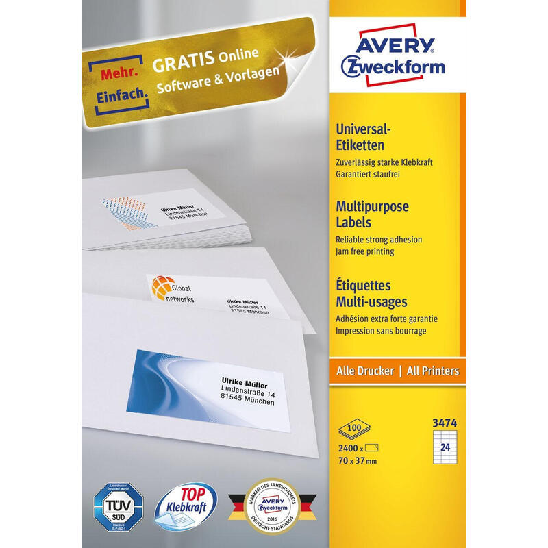 Avery 3474 Etiqueta Autoadhesiva Rectángulo Permanente Blanco 2400 Pieza(S)
