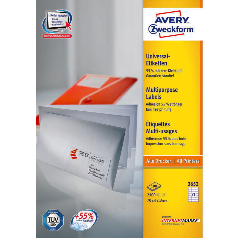 Avery 3652z Etiqueta Autoadhesiva Rectángulo Blanco 2100 Pieza(S) 70 X 42,3mm, A4