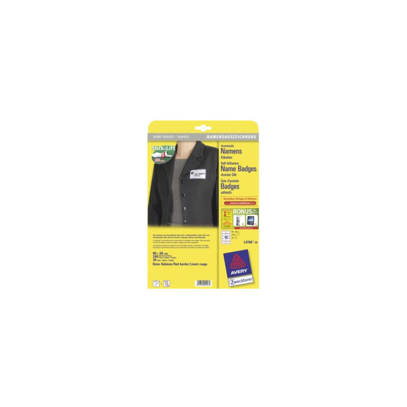 Avery L4786-20 Insignia/Pase Papel 200 Pieza(S)