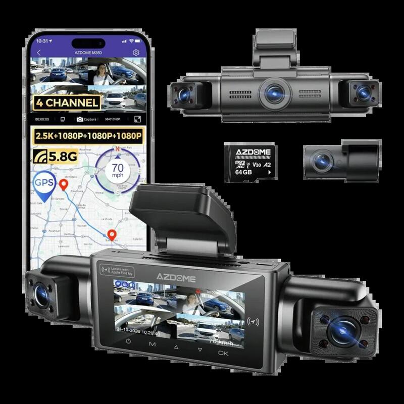 Azdome M350 Dashcam Coche 4 Canales 360°, 2.5k + 3×1080p Cámara Coche Con Apple Find My Ios