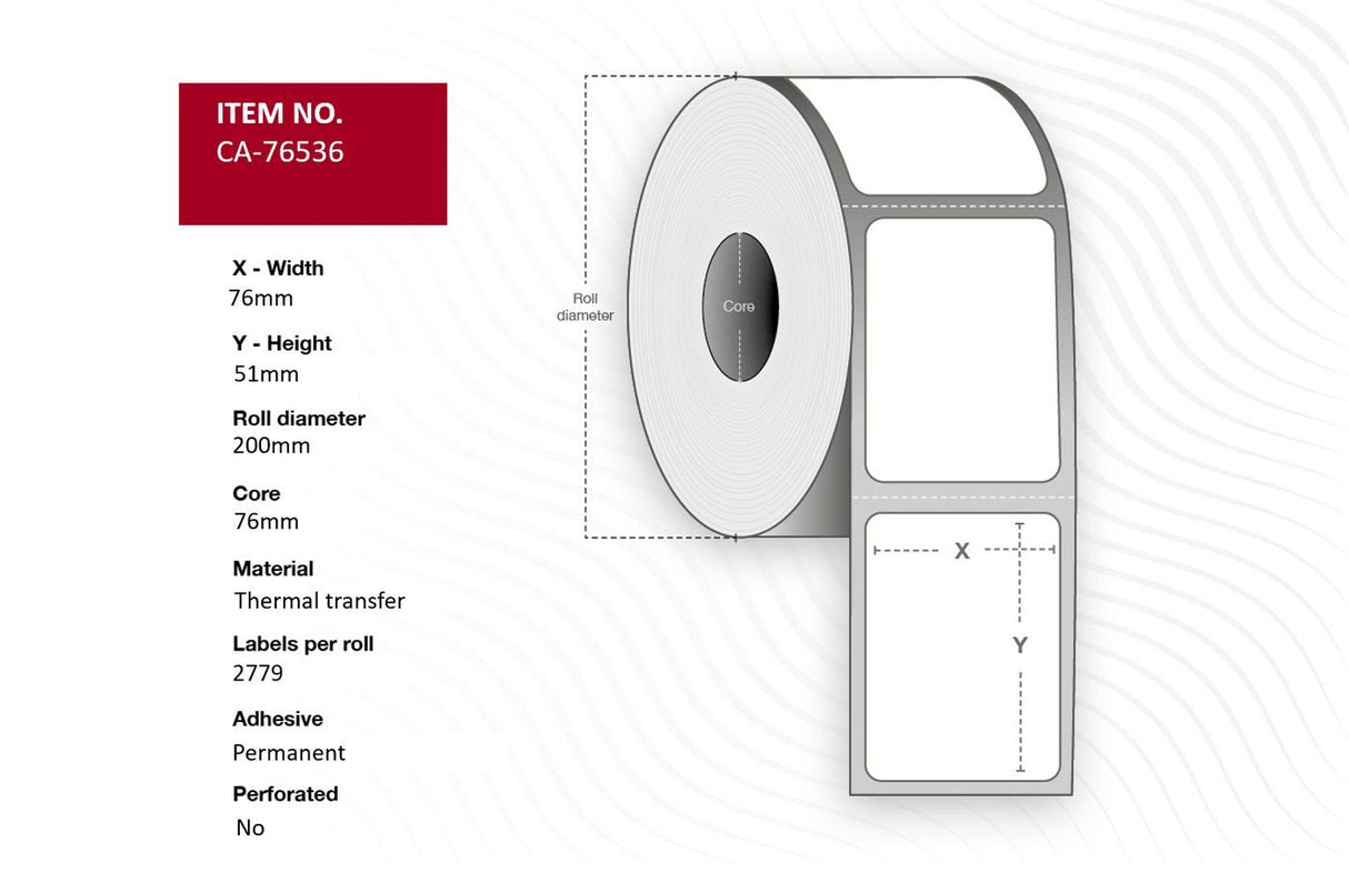 Label 76 X 51mm, Core 76mm,  Thermal Transfer, Polyester,