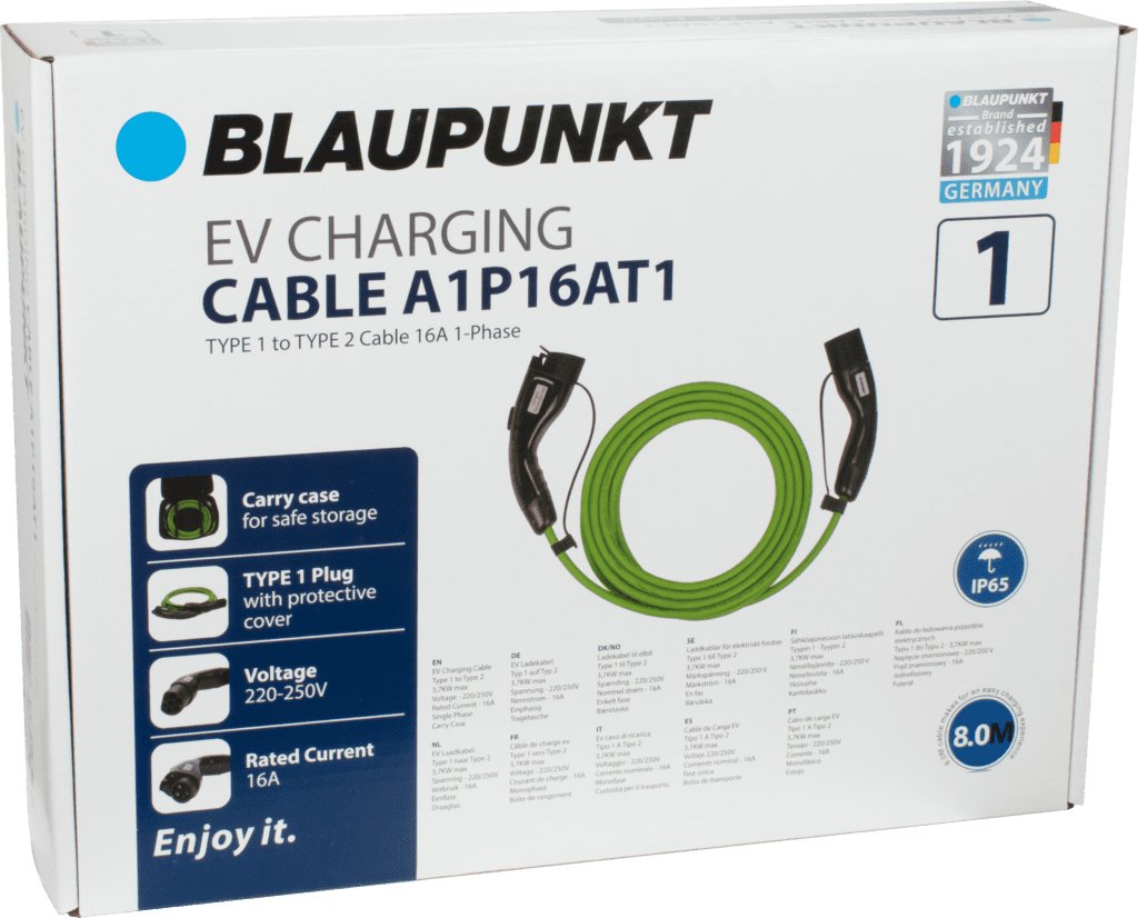 Blaupunkt Ladekabel E-Auto 16a/1phase/Typ1->2/8m