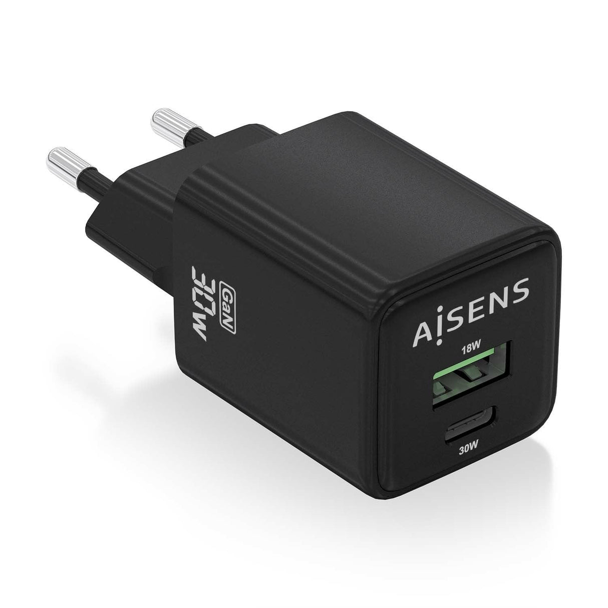 Aisens Cargador Gan 30w, 1xusb-C Pd3.0 Qc4.0, 1xusb-A Qc3.0, Negro