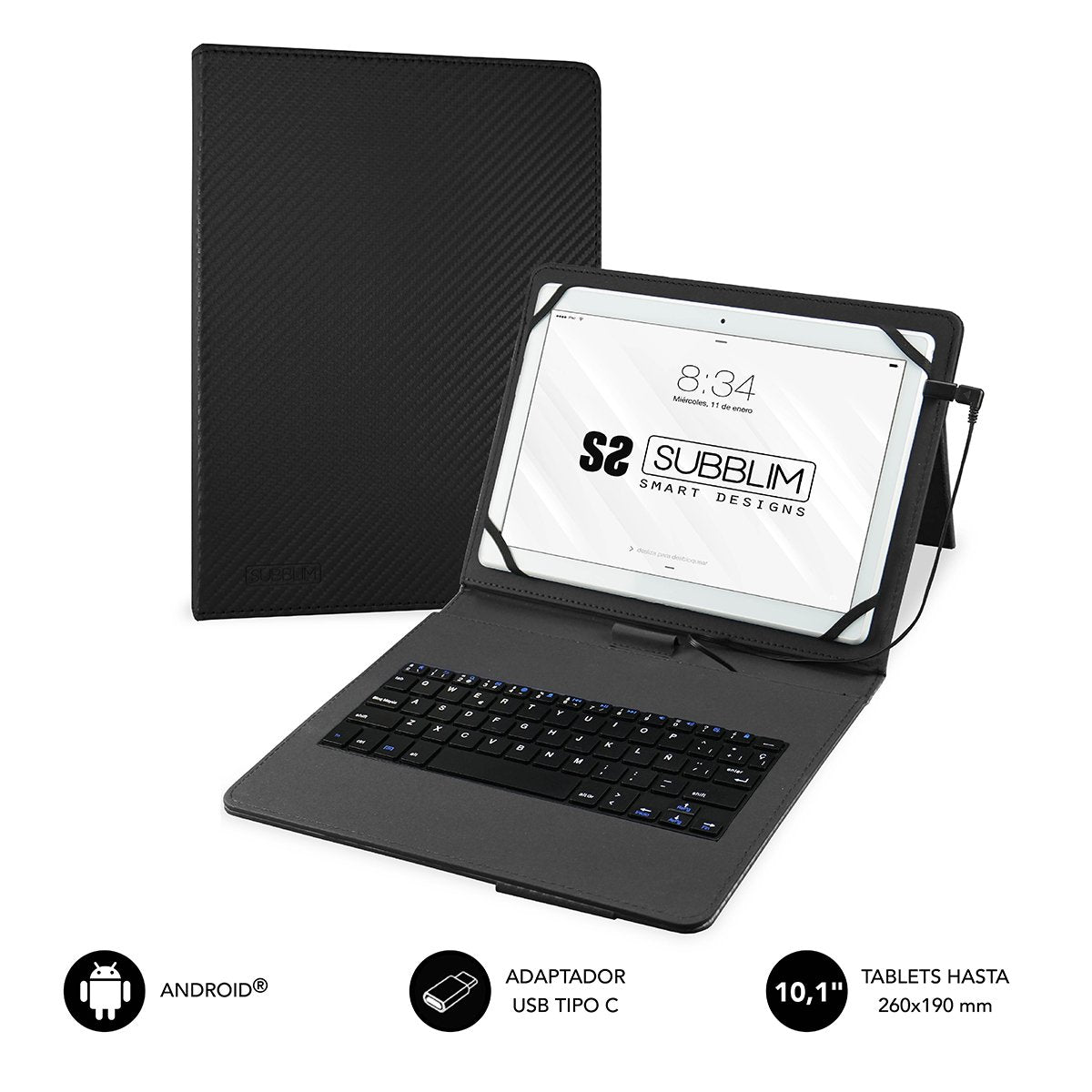 Funda Con Teclado Subblim Keytab Pro Usb Black Para Tablet De 10.1'/25.65cm Microusb Con Adaptador Tipo-C Cierre Solapa Magnética