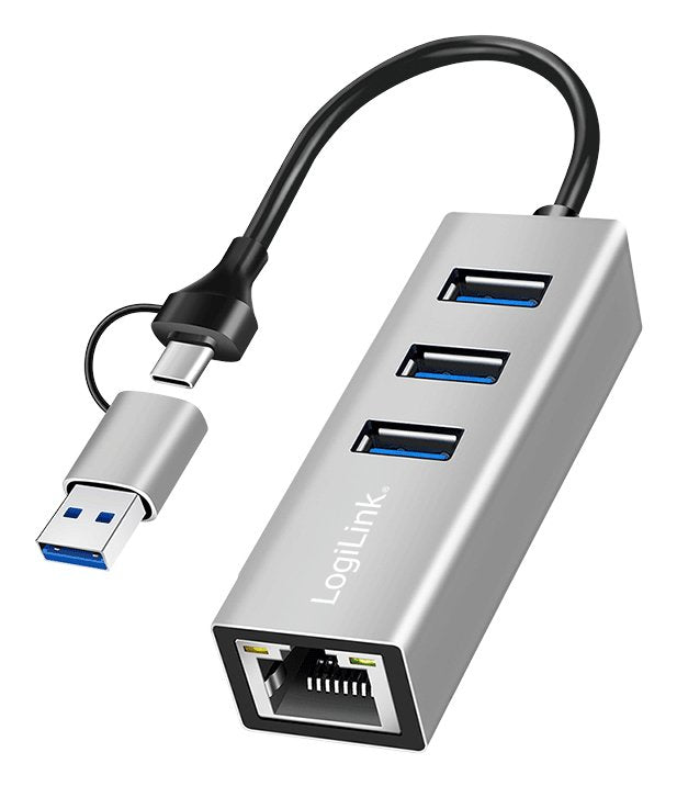 Hub Usb 3.2 Gen 1, 3 Puertos Usb-A, 1 Puerto Rj45, Cable De Conexión 2 En 1, Plateado
