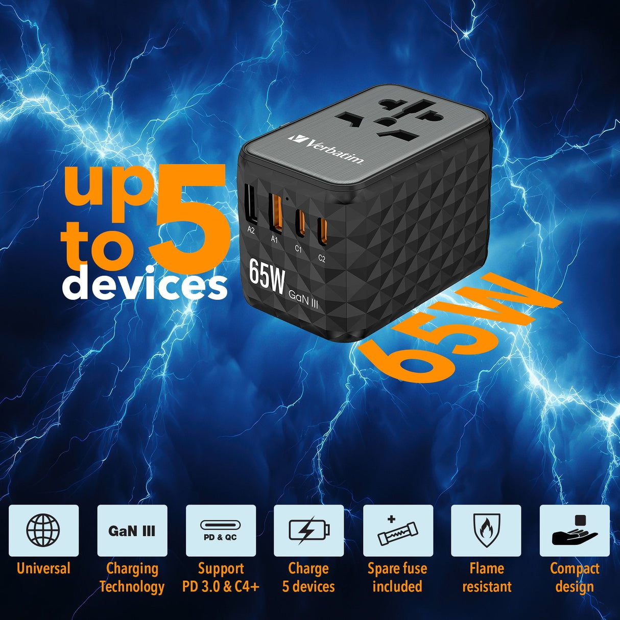Cargador De Pared Universal Verbatim Uta-05 Gan Iii Toma De Corriente Universal 2xusb Tipo-C 2xusb 65w
