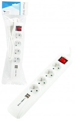 4-Way+2 Usb Power Strip:  White - On/Off Switch - 1.5m