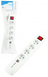4-Way+2 Usb Power Strip:  White - On/Off Switch - 1.5m