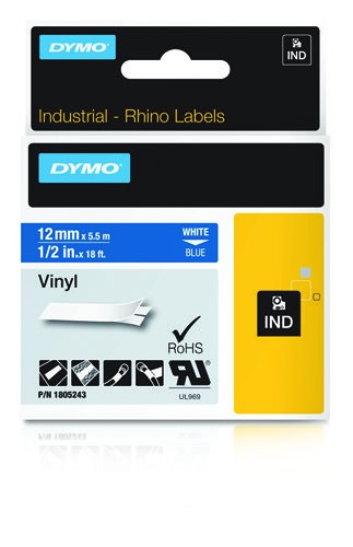 Dymo Rhino Cinta De Etiquetas Industrial Adhesiva Id1-12, Blanco Sobre Azul De 12mmx5´5m, Vinilo