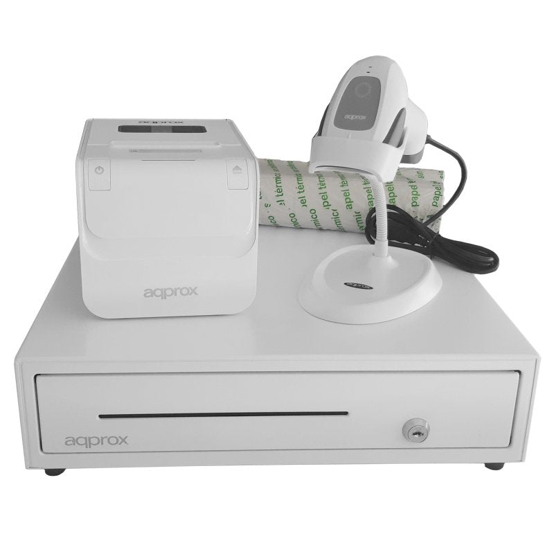 Pack Approx Apppospack4180wh V2 Cajón Portamonedas Impresora Térmica Lector De Códigos Y Rollos Térmicos