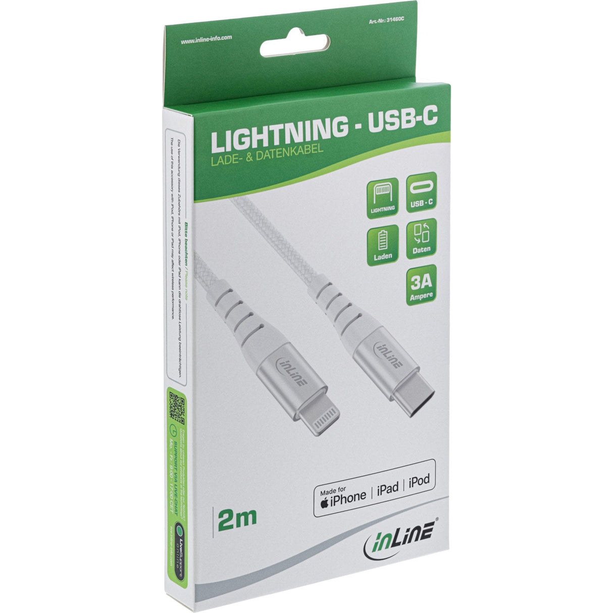 Cable Lightning Inline Usb-C, Para Ipad, Iphone, Ipod, Plateado/Aluminio, 2 M Con Certificación Mfi