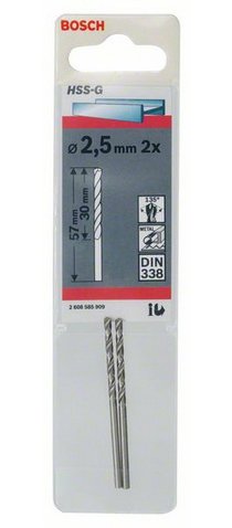 Bosch Professional Para Metal Hss-G, Ø 2,5 Mm 2 Piezas, Longitud Útil 30 Mm 2608585909