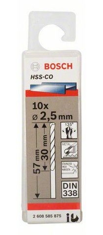 Broca Helicoidal Para Metal Bosch Hss-Co, Ø 2,5 Mm (10 Piezas, Longitud Útil 30 Mm) 2608585875