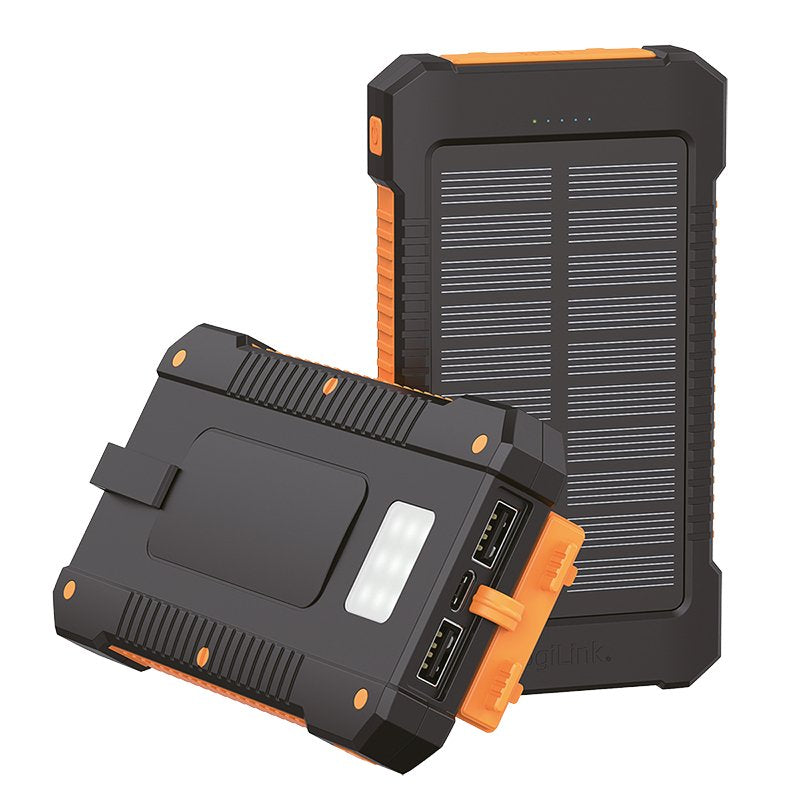 Bateria Externa Power Bank  8000  Solar 2 Puertos Usb-A De Control De Calidad Linterna Negro Naranja Logilink