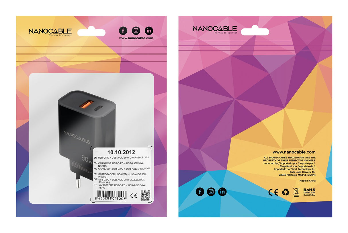 Cargador Usb-C/Pd + Usb-A/Qc 30w Negro
