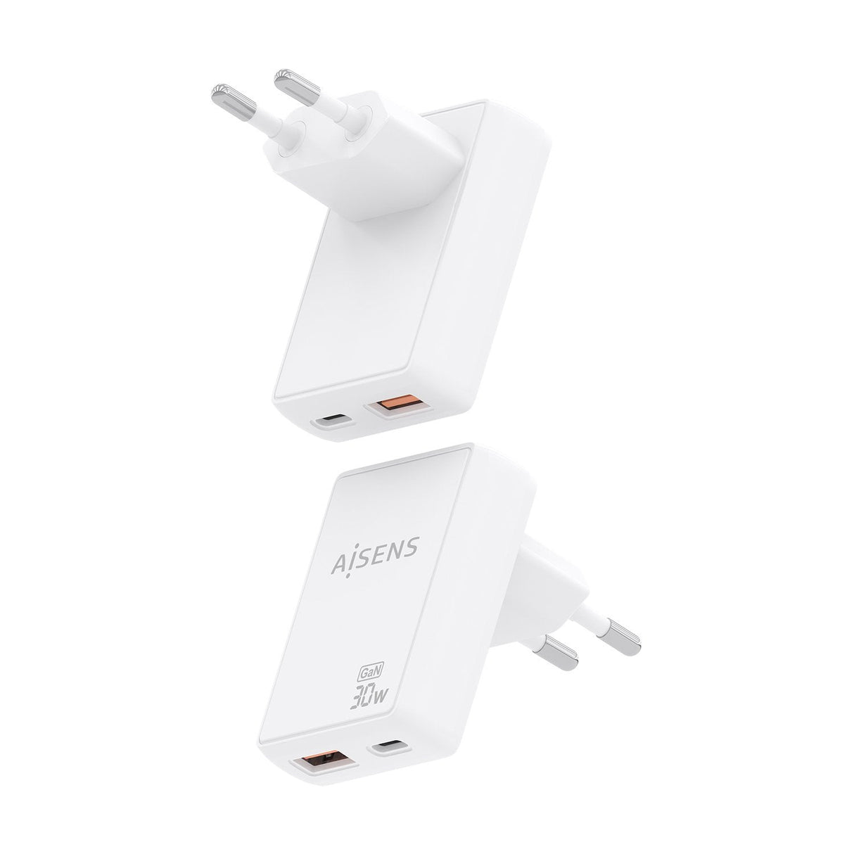 Aisens Cargador De Pared Gan Ultra Delgado 30w, 1xusb-C Pd3.0 Qc4.0, 1xusb-A Qc3.0, Blanco