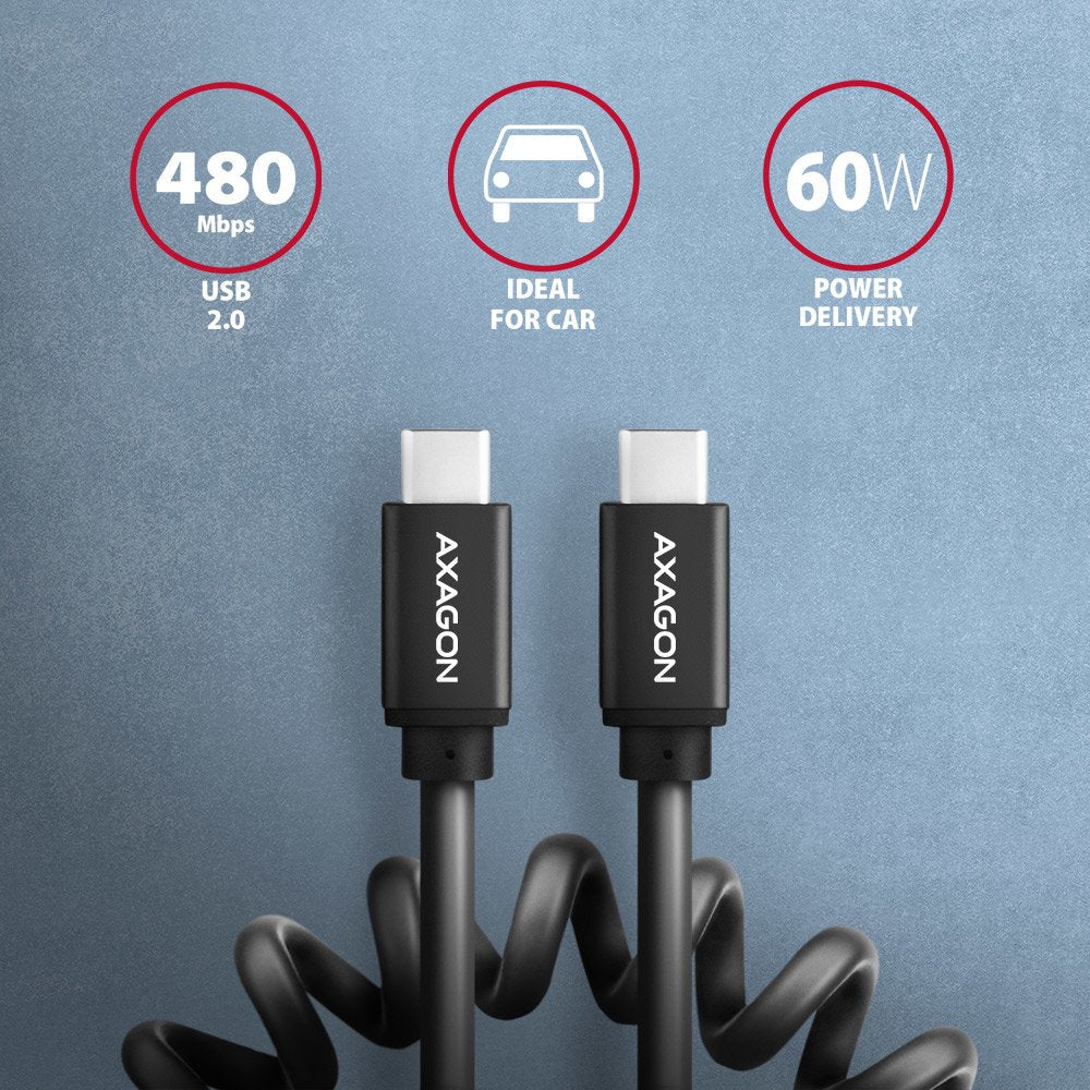 Axagon Hcm-Am20tb Spiralcable, Usb-C Zu Usb-C, 1 M, Usb 2.0, 2.4 A, Alu, Pvc - Negro