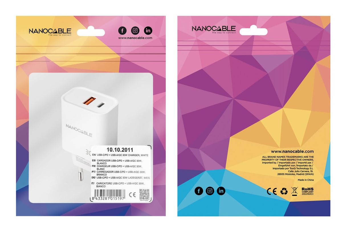 Cargador Usb-C/Pd + Usb-A/Qc 30w Blanco