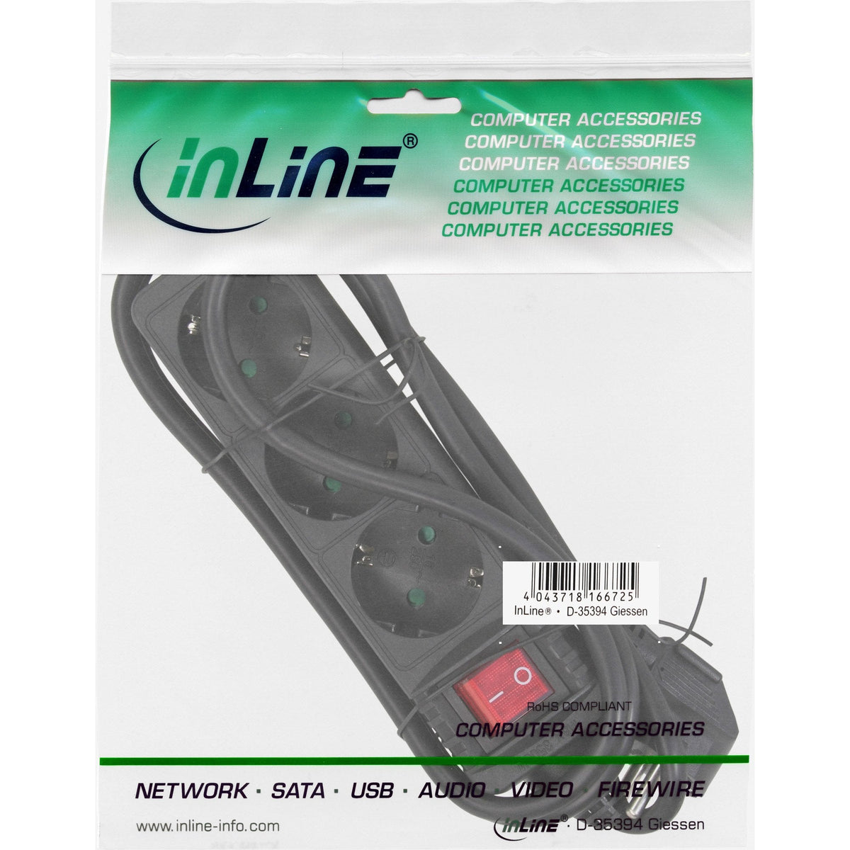 Regleta Inline Negra 3 Puertos 3x Tipo F 5m