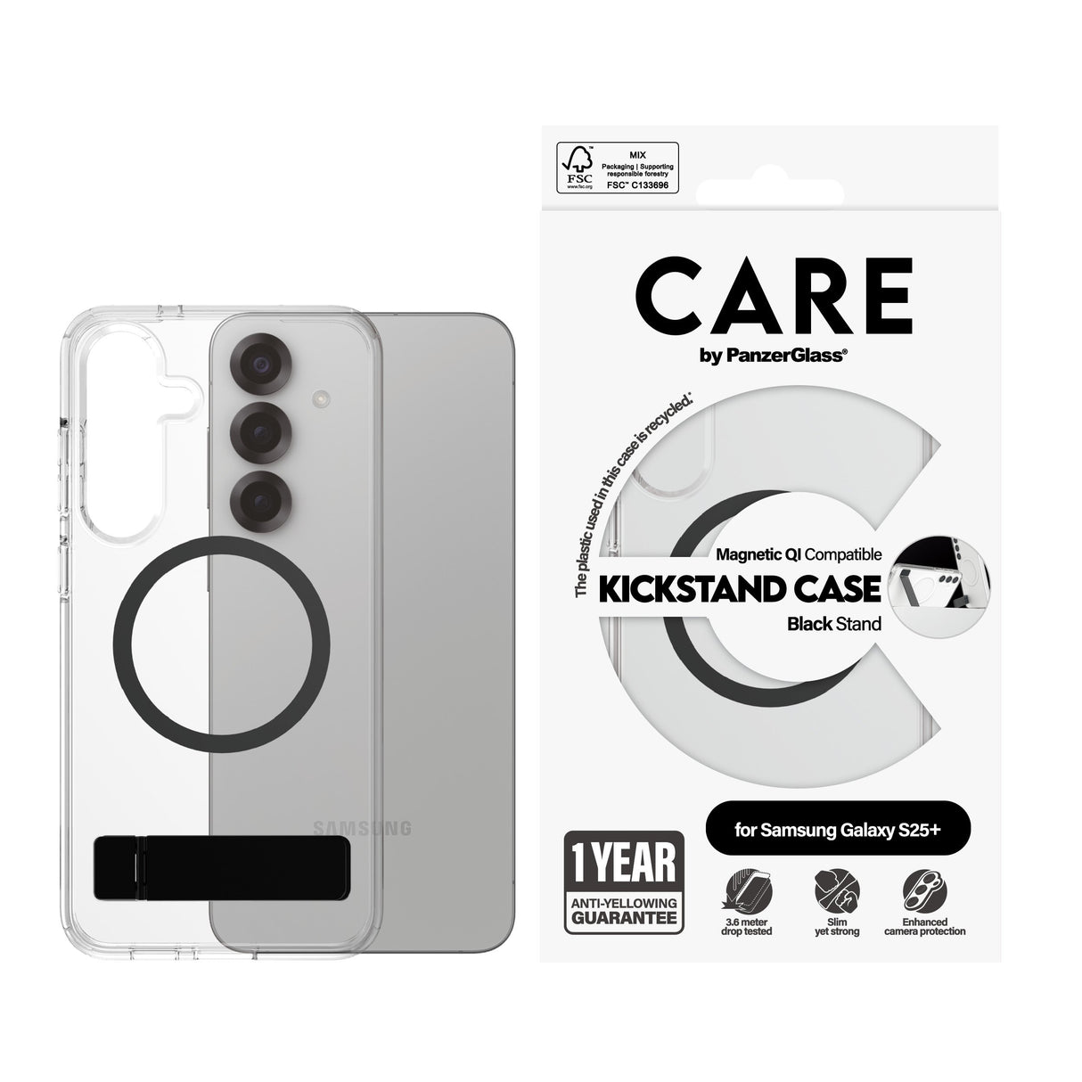 EAN 5715685016486 - PanzerGlass CARE™ by ® Case Transparent w. Black Kickstand & Qi Compatible Samsung Galaxy S25+ funda para imagen 2