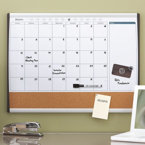 Nobo Planificador Pizarra Magnetica Pequeña Con Tablero De Anuncios De Corcho 585x430mm - Semanal Y Mensual - Marco Plateado Y Negro - Blanco