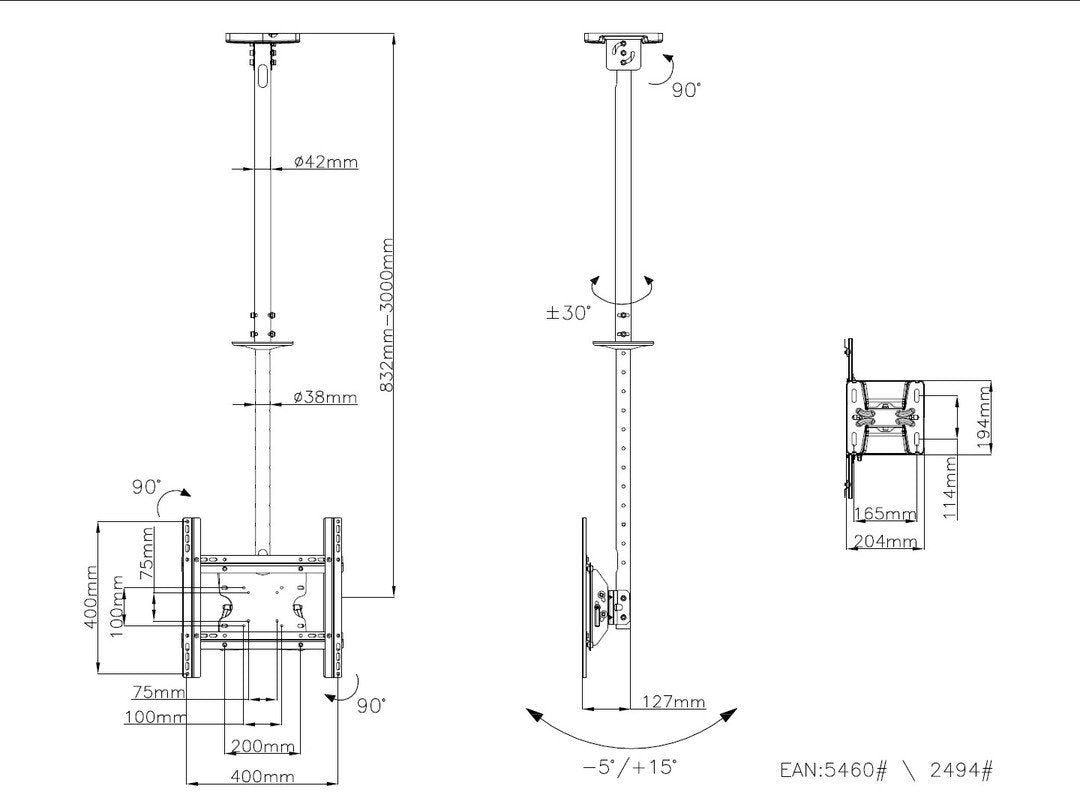 M Public Ceilingmount Medium  Single 3000 Multibrackets M