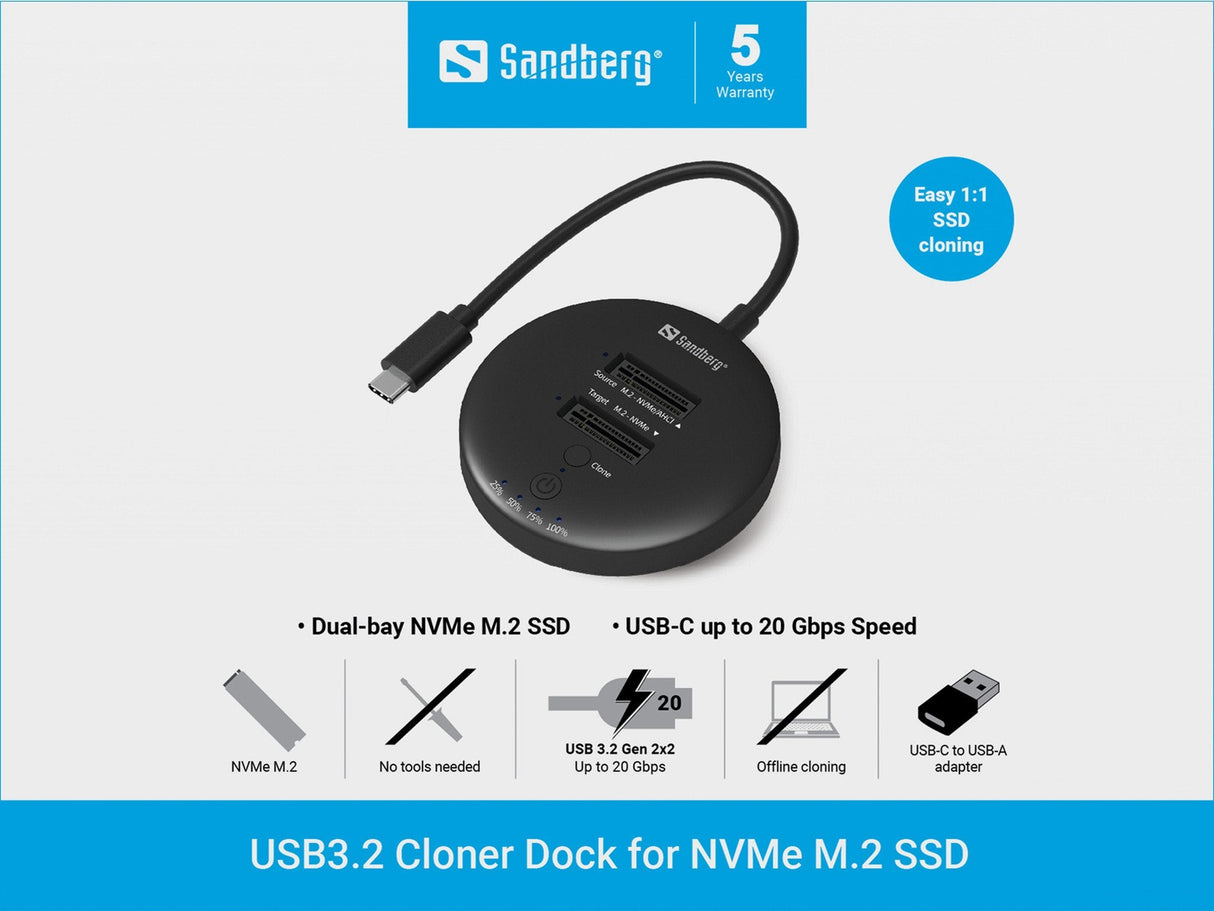 Sandberg 136-72 Base De Conexión Para Disco Duro Usb 3.2 Gen 2 (3.1 Gen 1) Type-C Negro