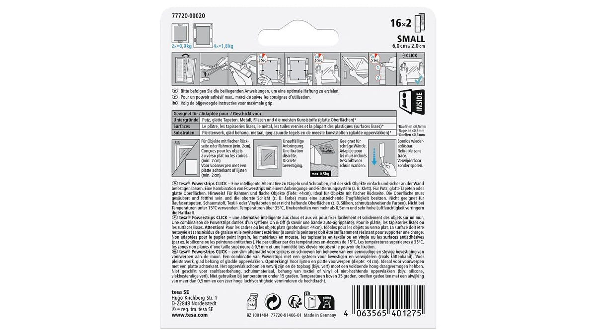 Tesa Powerstrips Click Small Selbstkl.Cinta De Velcro 16x2