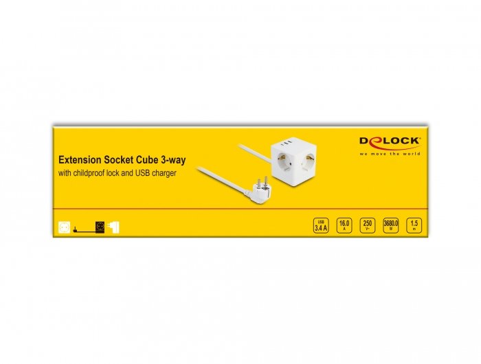 Delock Steckdosenwürfel Mit Verlängerungscable 3-Fach Mit Kindersicherung Und Usb Cargador, 1,5 M Cable, Weiss