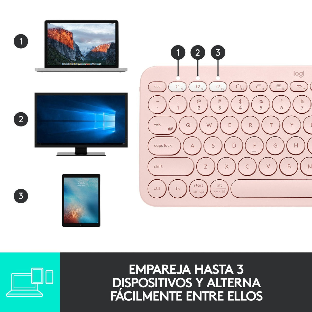 Teclado Español Logitech K380 Multi-Device Bluetooth Qwerty Rosa 920-009587