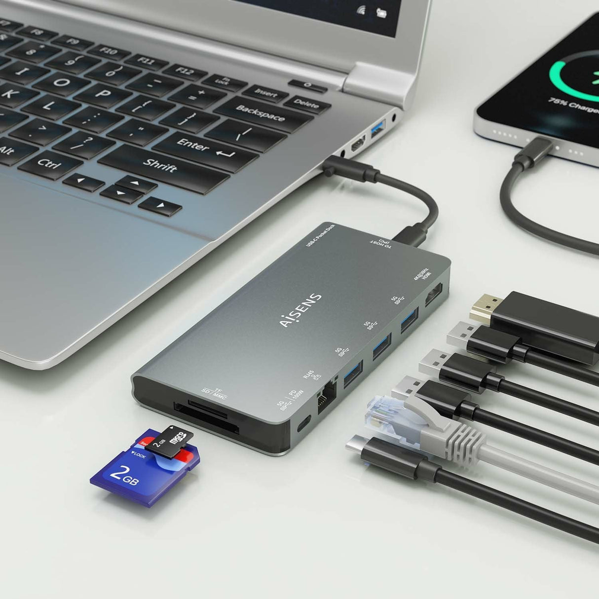Aisens Usb-C Dock 8 En 1 - Usb-C A 1xhdmi - 1xrj45 - 3xusb-A - 1xusb-C Datos+Pd - 1xsd - 1xmicro Sd - 10cm - Gris
