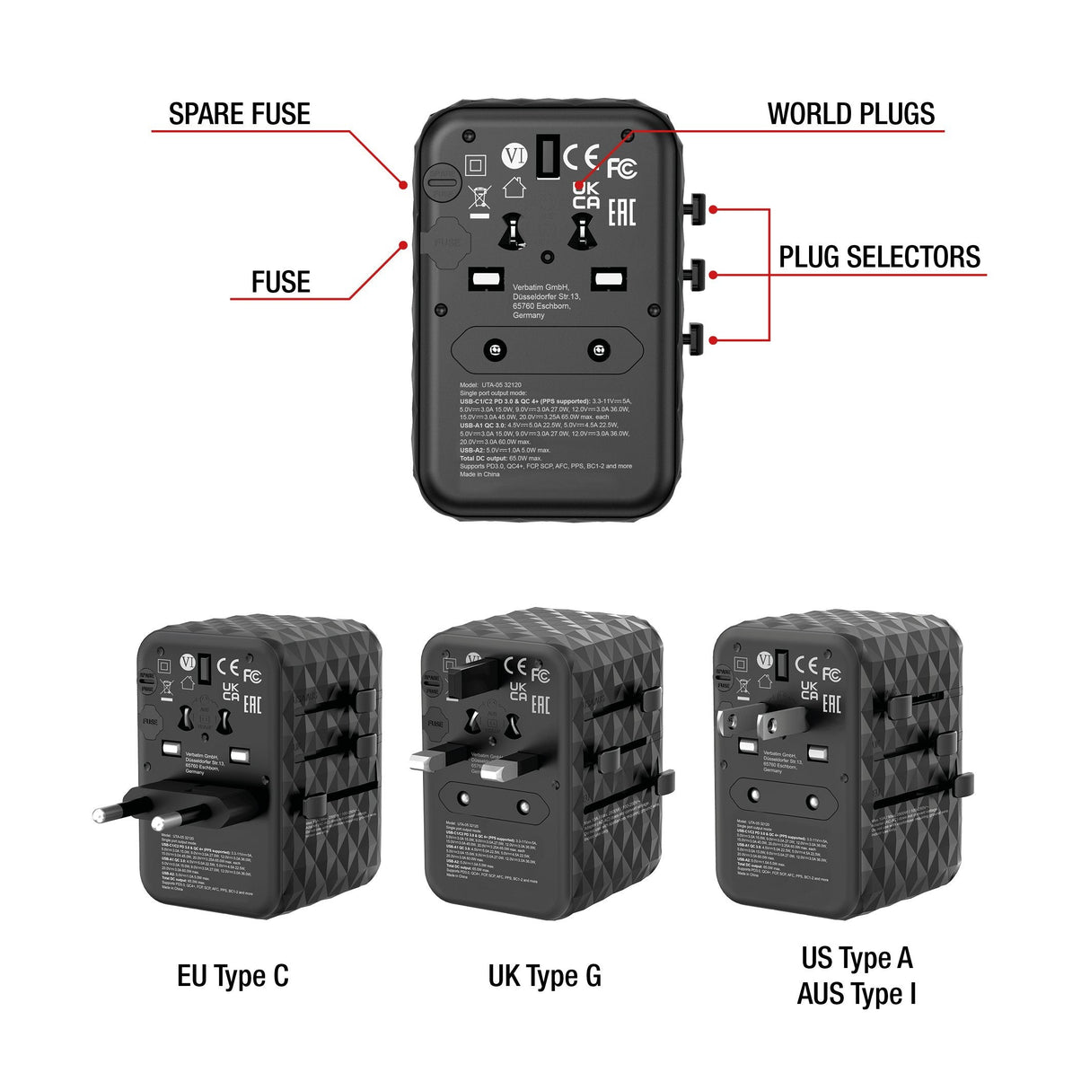 Cargador De Pared Universal Verbatim Uta-05 Gan Iii Toma De Corriente Universal 2xusb Tipo-C 2xusb 65w