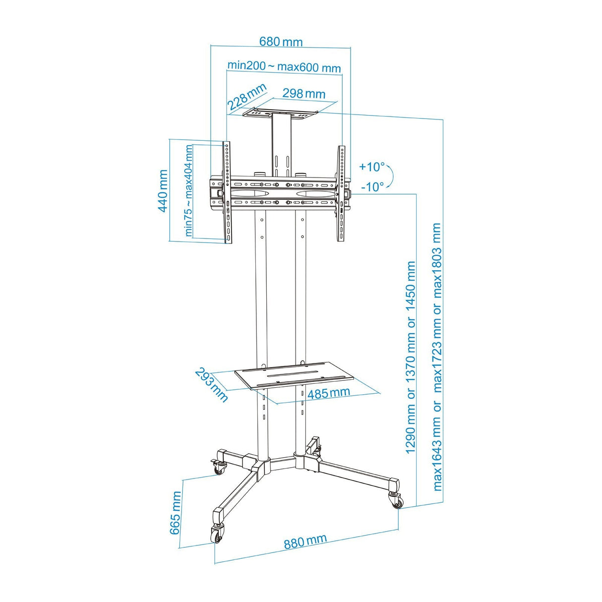 Tooq Soporte De Pantalla De Suelo Con Ruedas 37"-70" - Bloqueo De Ruedas - Dos Estantes - Peso Max 50kg - Vesa