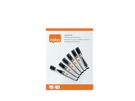 Nobo Caja De 10 Rotuladores Para Pizarra Blanca - Punta Redonda 3mm - Tinta Liquida - Nivel De Tinta - Color Negro