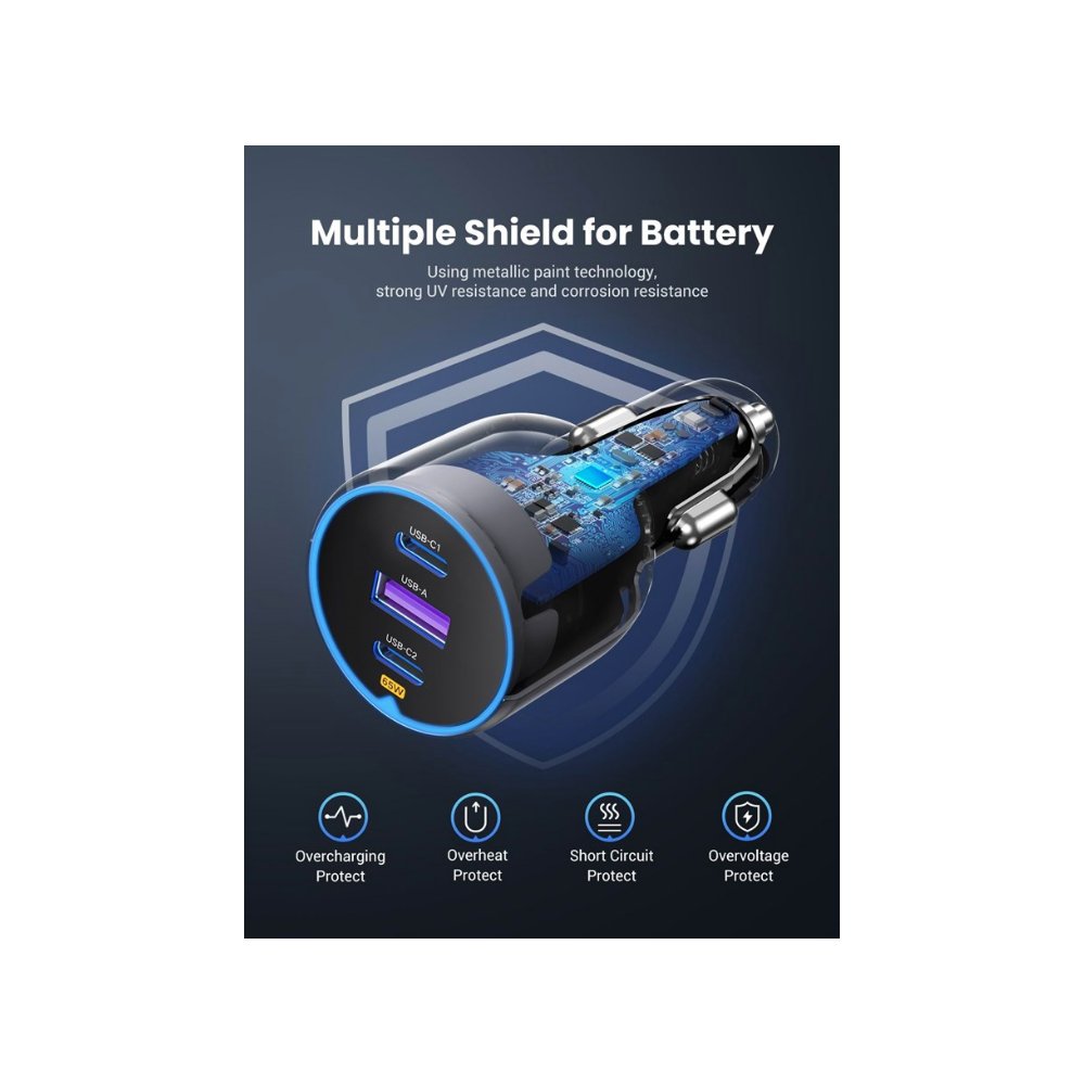Ugreen 75w 3-Port Fast Car Charg Gray
