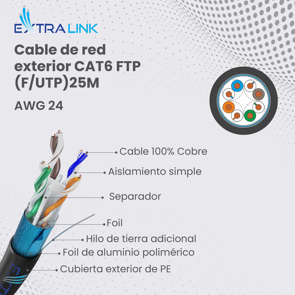 EAN 5907207222516 - Extralink CAT6 FTP (F/UTP) V2 Zewnętrzny | Kabel sieciowy skrętka | 25M (EX.22516) cable de red F/UTP (FT imagen 9