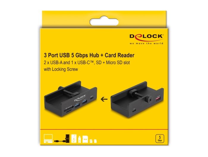 Delock Externer Usb 5 Gbps Hub Mit 2 X Usb Typ-A, 1 X Usb Type-C? Und Sd + Micro Sd Slot Mit Feststellschraube (Negro) 64263
