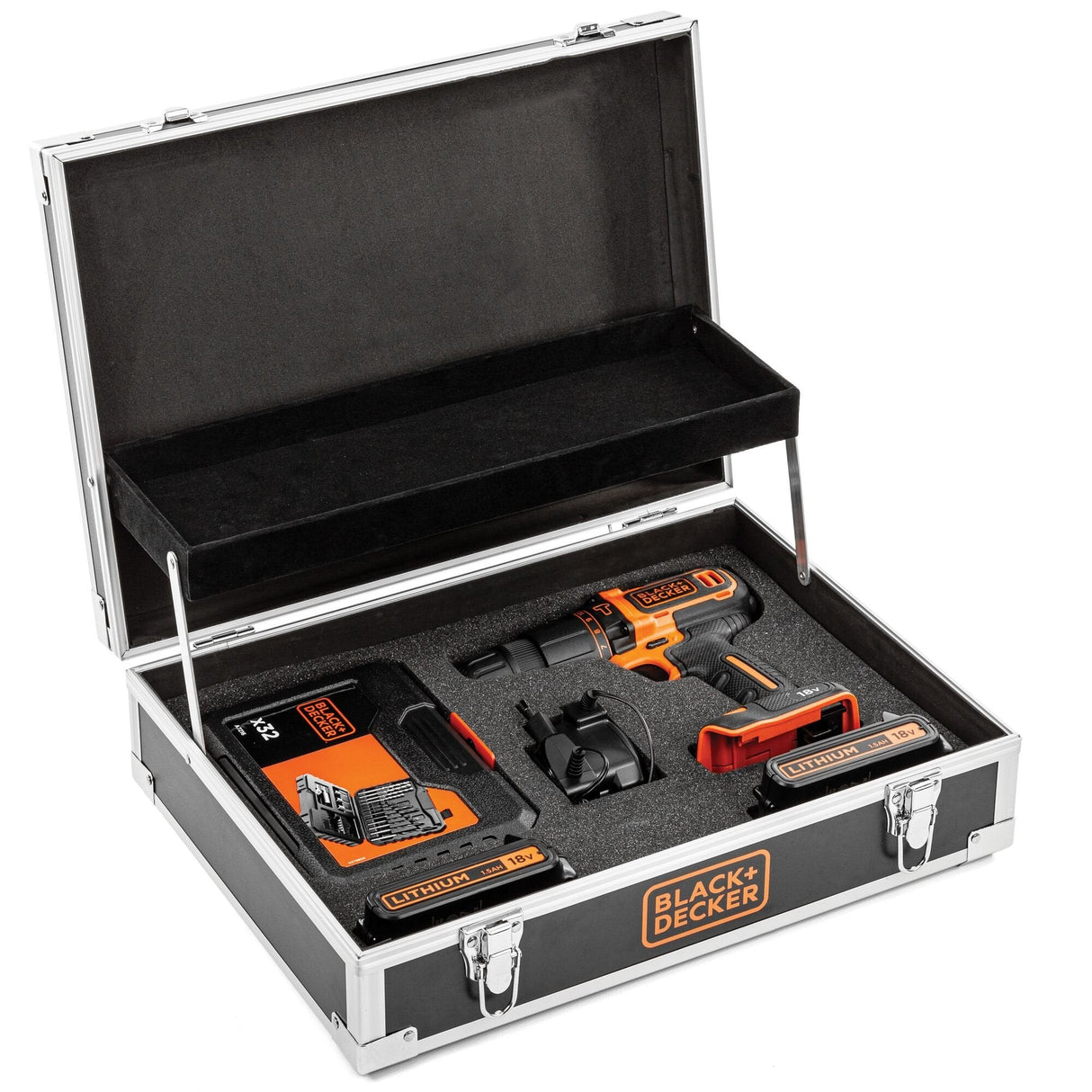 Taladro Atornillador Combinado A Batería Black+Decker Bdchd18b2fc, 18 Voltios Negro/Naranja, 2 Baterías De Iones De Litio De 1,5 Ah, 32 Piezas. Juego De Accesorios, En Caso Bdchd18b2fc-Qw