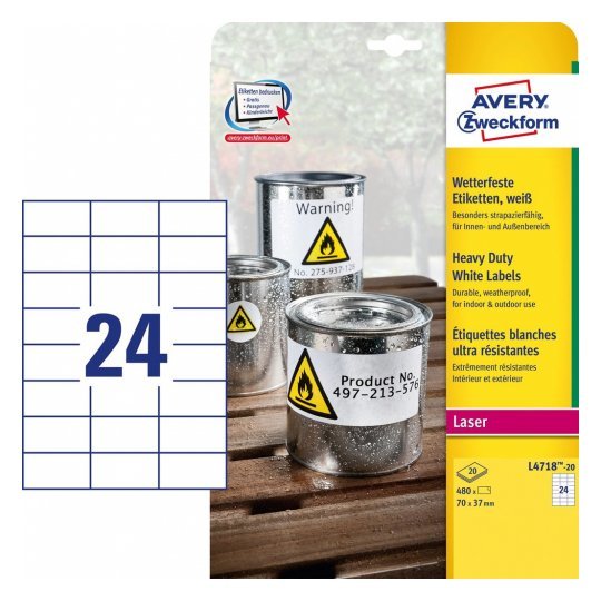 Avery Etiquetas Adhesivas Extra Resistentes 70x37mm Láser 24 X 20h Poliéster Blanco