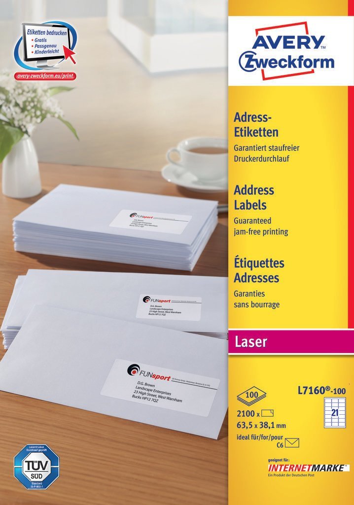 Avery Etiquetas Adhesivas 63,5x38,1mm Inkjet/Láser Para Sobres 21 X 100h Blanco