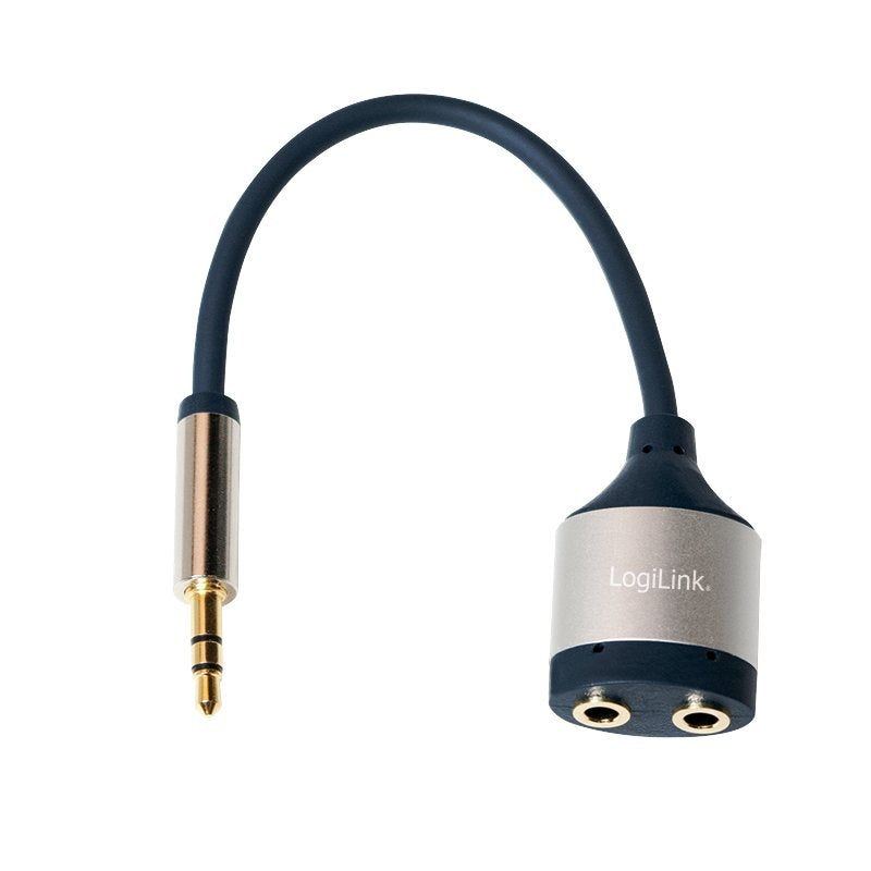 Audio Cable, 3.5 Mm 3-Pin M To 2x 3.5 Mm F, Metal, Azul, 0.18 M