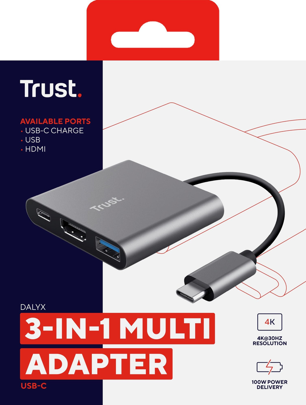 Conversor Trust Dalyx 3 In 1 Usb Tipo-C Macho Hdmi Hembra Usb Usb Tipo-C Pd 10cm Gris